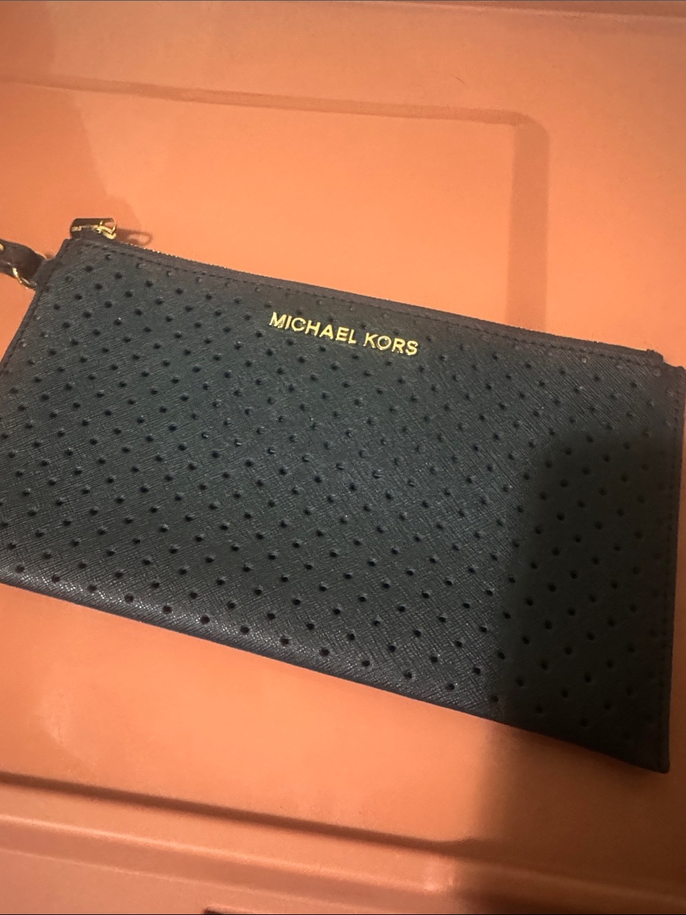 Michael Kors Black Perforated Leather Wristlet with Gold Logo